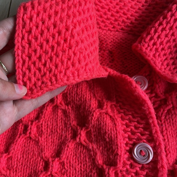 Vintage Vtg Handmade Knit Cardigan Sweater w/ Pockets Neon Coral Crochet - Picture 5 of 5